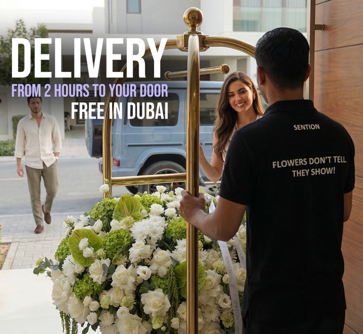 SENTION courier presenting an elegantly packaged bouquet at a stylish Dubai entryway.